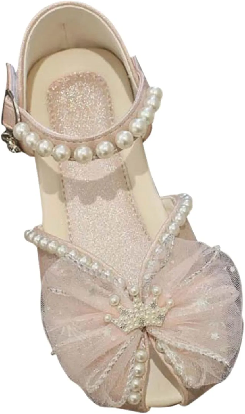 Girls Dress Shoes Mesh Bow Pearl Mary Jane Shoes Ballerina with Satin Ankle Tie for Wedding Toddler Water Sandals