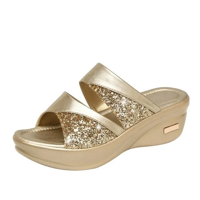 Gorgeous Glitter Wedge Slip On Sandal Shoes