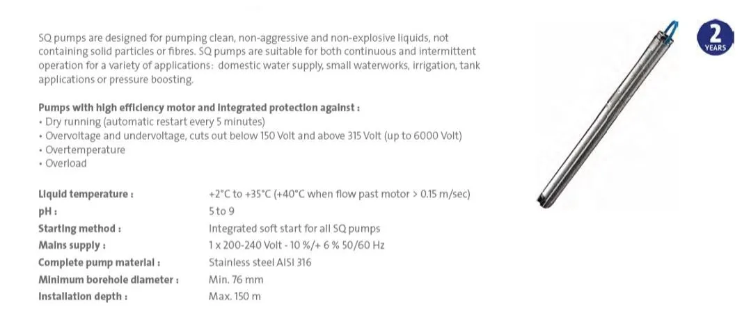 Grundfos SQN 2 Compact 3" Low Yield Submersible Bore Pumps with In-Built Motor Protection Features (Max 30LPM)