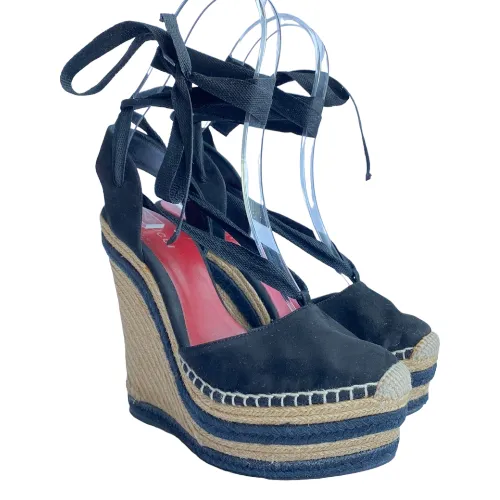 GUCCI Alexis Black Suede Ankle Wrap Platform Espadrille Wedge Sandals, Size 37