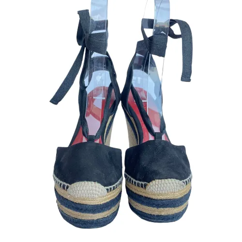GUCCI Alexis Black Suede Ankle Wrap Platform Espadrille Wedge Sandals, Size 37