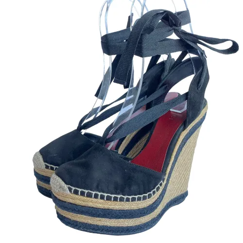 GUCCI Alexis Black Suede Ankle Wrap Platform Espadrille Wedge Sandals, Size 37
