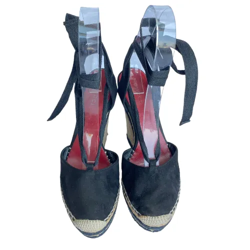 GUCCI Alexis Black Suede Ankle Wrap Platform Espadrille Wedge Sandals, Size 37