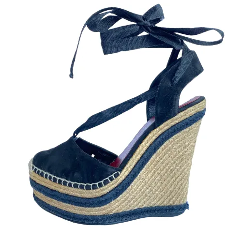 GUCCI Alexis Black Suede Ankle Wrap Platform Espadrille Wedge Sandals, Size 37