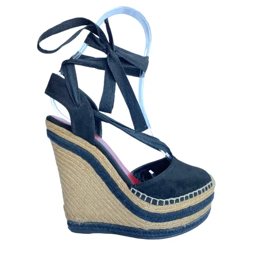 GUCCI Alexis Black Suede Ankle Wrap Platform Espadrille Wedge Sandals, Size 37