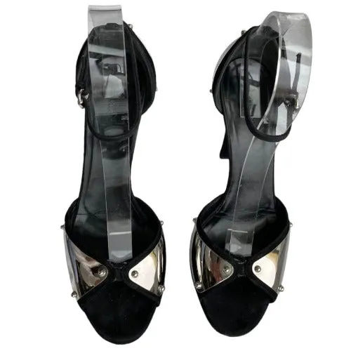 GUCCI Black Suede Silver Mirror Metal Embossed Ankle Strap Heeled Sandals, Size39