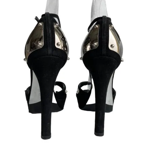 GUCCI Black Suede Silver Mirror Metal Embossed Ankle Strap Heeled Sandals, Size39