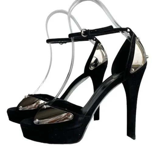 GUCCI Black Suede Silver Mirror Metal Embossed Ankle Strap Heeled Sandals, Size39