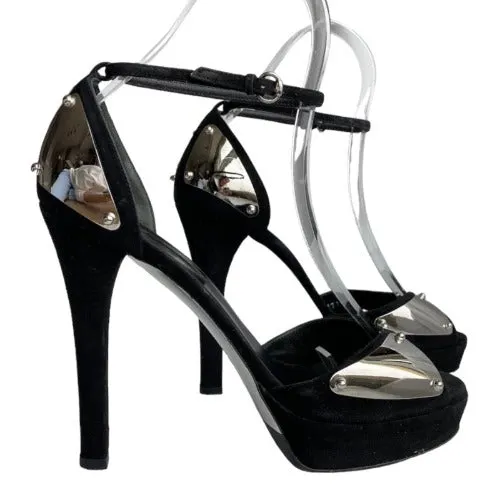 GUCCI Black Suede Silver Mirror Metal Embossed Ankle Strap Heeled Sandals, Size39