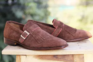 Handmade Men's Burgundy Monk Strap Fringes Suede Shoes, Men Designer Dress Formal Luxury Shoes