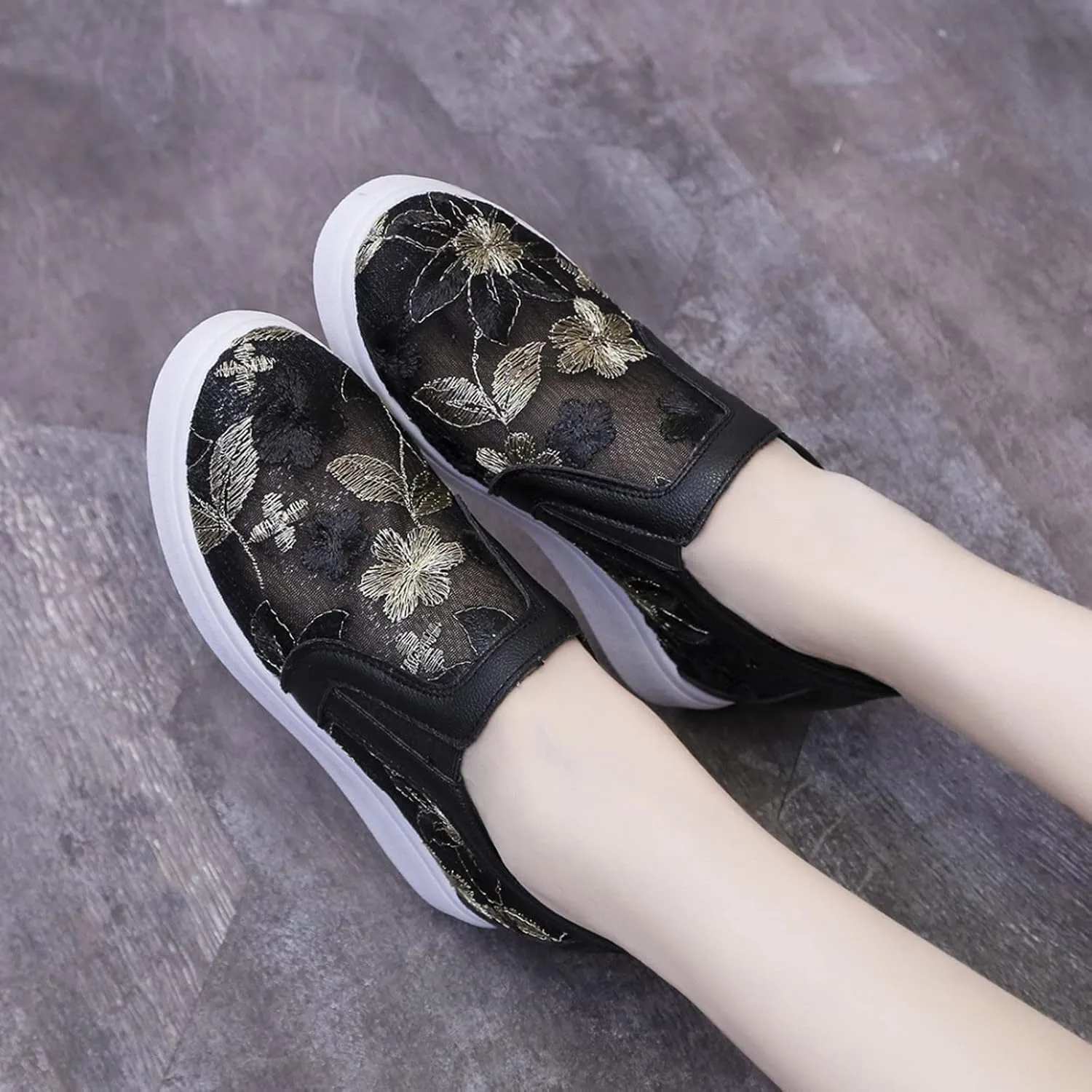 Hbeylia Platform Wedge Fashion Sneakers Loafers for Women Floral Embroidery Mesh Air Lace Chunky Sole Hidden High Heels Slip On Walking Work Shoes Arch Support Low Top Play Sneakers Loafers