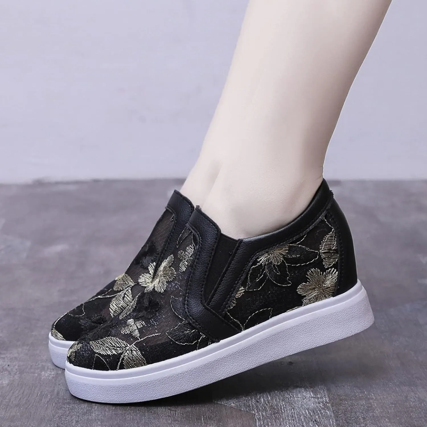 Hbeylia Platform Wedge Fashion Sneakers Loafers for Women Floral Embroidery Mesh Air Lace Chunky Sole Hidden High Heels Slip On Walking Work Shoes Arch Support Low Top Play Sneakers Loafers