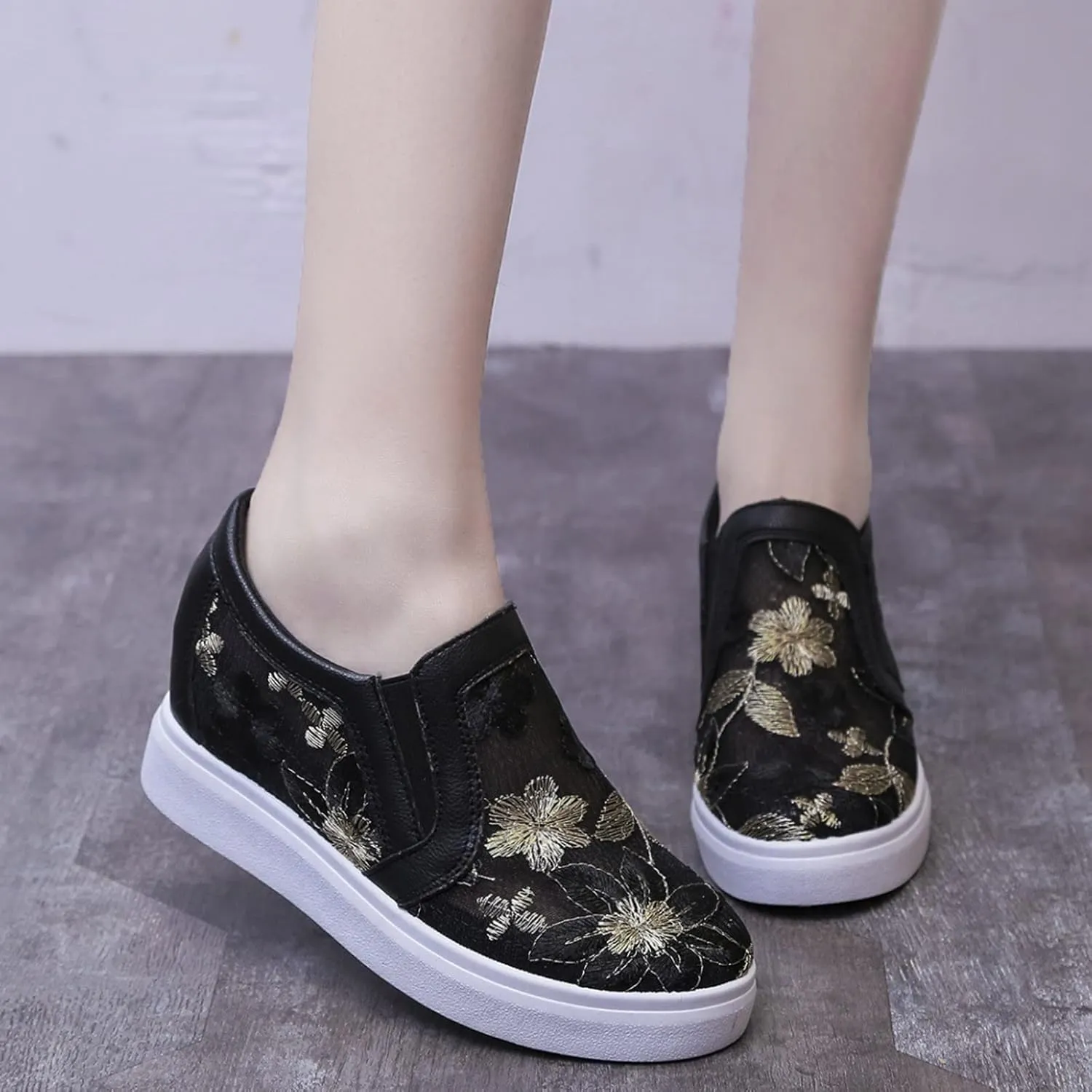 Hbeylia Platform Wedge Fashion Sneakers Loafers for Women Floral Embroidery Mesh Air Lace Chunky Sole Hidden High Heels Slip On Walking Work Shoes Arch Support Low Top Play Sneakers Loafers