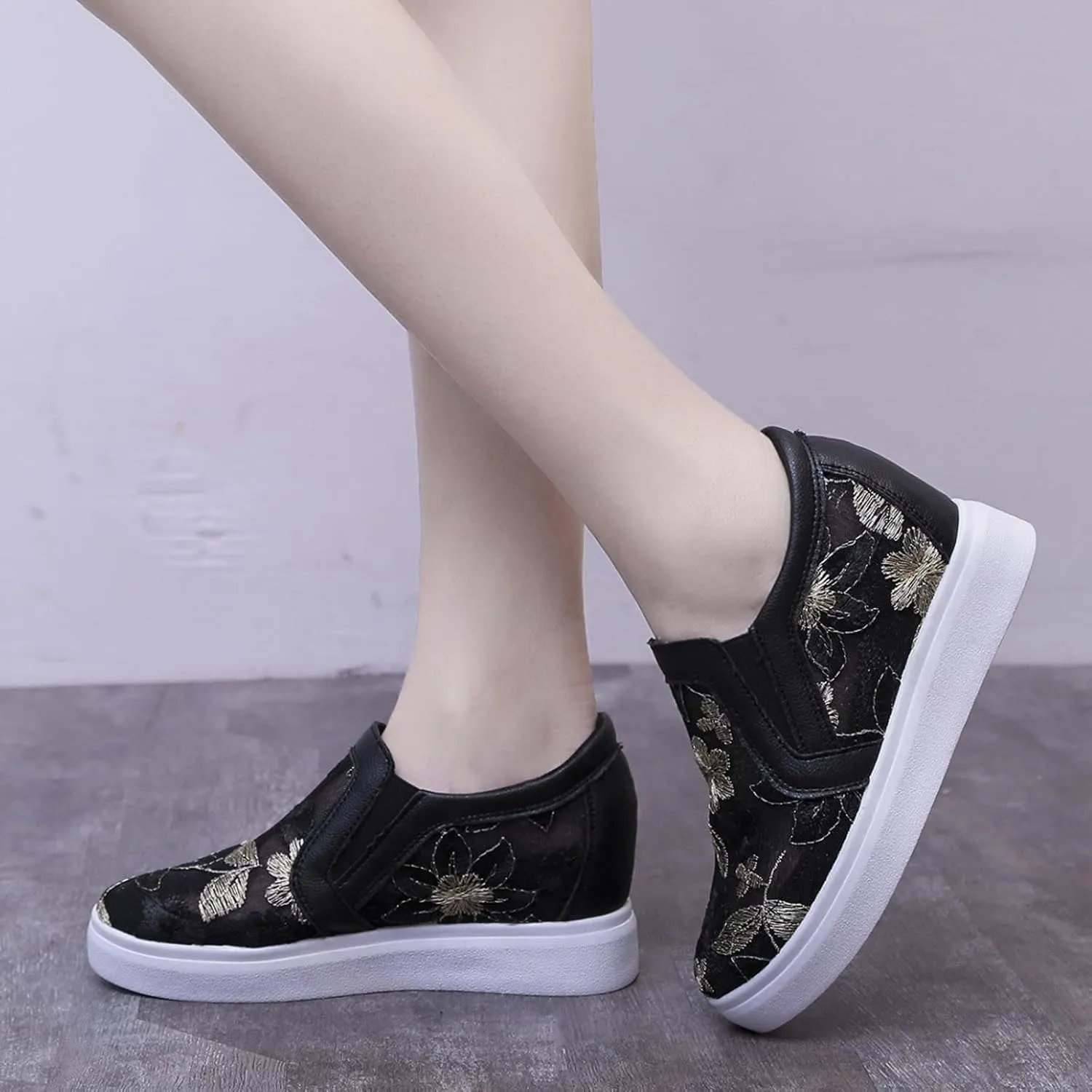 Hbeylia Platform Wedge Fashion Sneakers Loafers for Women Floral Embroidery Mesh Air Lace Chunky Sole Hidden High Heels Slip On Walking Work Shoes Arch Support Low Top Play Sneakers Loafers