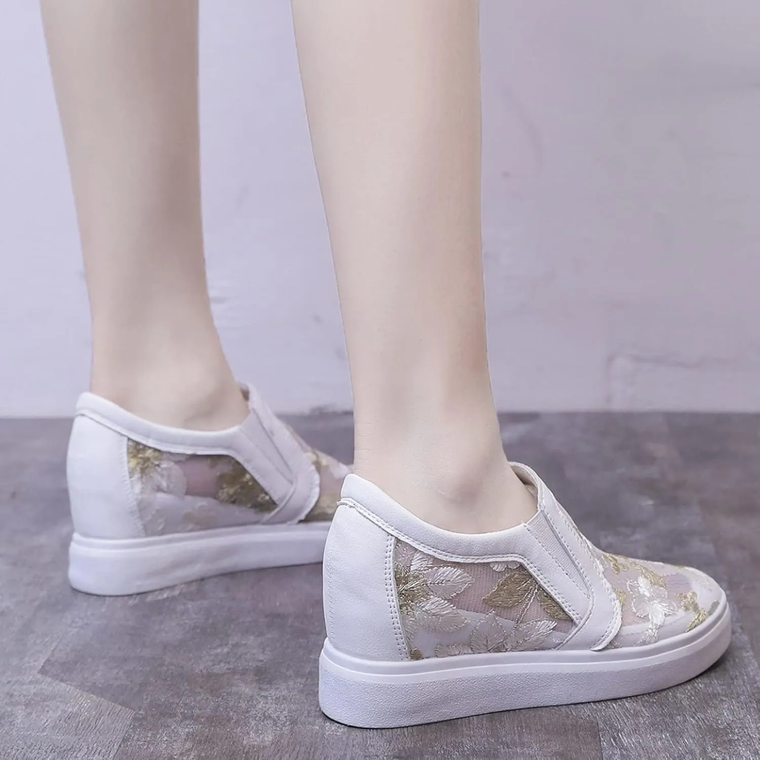 Hbeylia Platform Wedge Fashion Sneakers Loafers for Women Floral Embroidery Mesh Air Lace Chunky Sole Hidden High Heels Slip On Walking Work Shoes Arch Support Low Top Play Sneakers Loafers