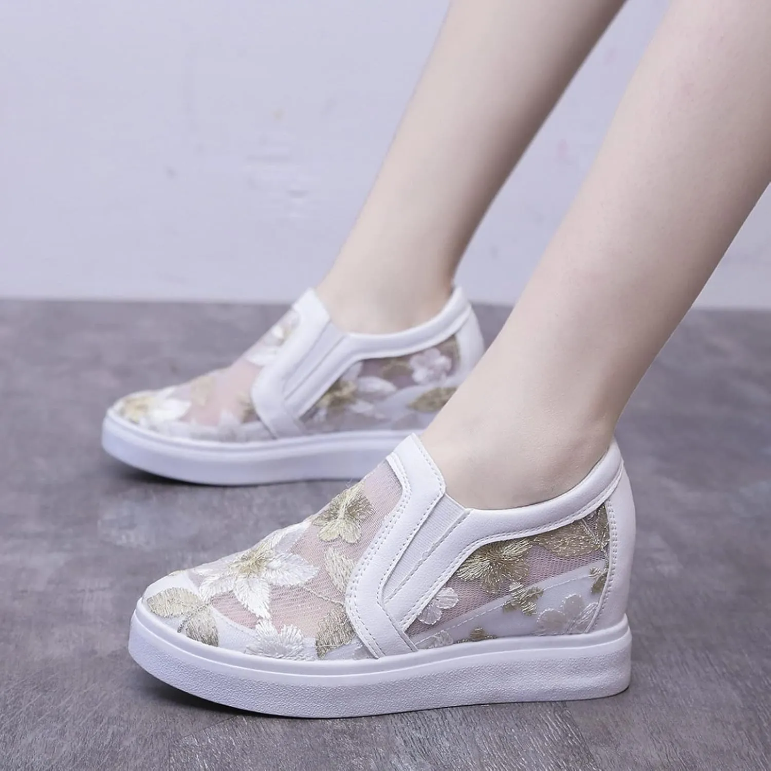 Hbeylia Platform Wedge Fashion Sneakers Loafers for Women Floral Embroidery Mesh Air Lace Chunky Sole Hidden High Heels Slip On Walking Work Shoes Arch Support Low Top Play Sneakers Loafers