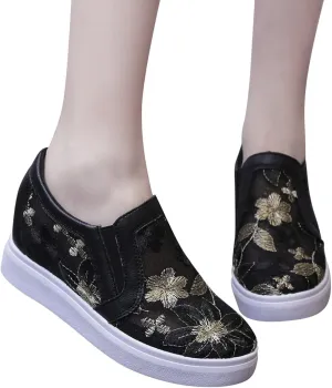 Hbeylia Platform Wedge Fashion Sneakers Loafers for Women Floral Embroidery Mesh Air Lace Chunky Sole Hidden High Heels Slip On Walking Work Shoes Arch Support Low Top Play Sneakers Loafers