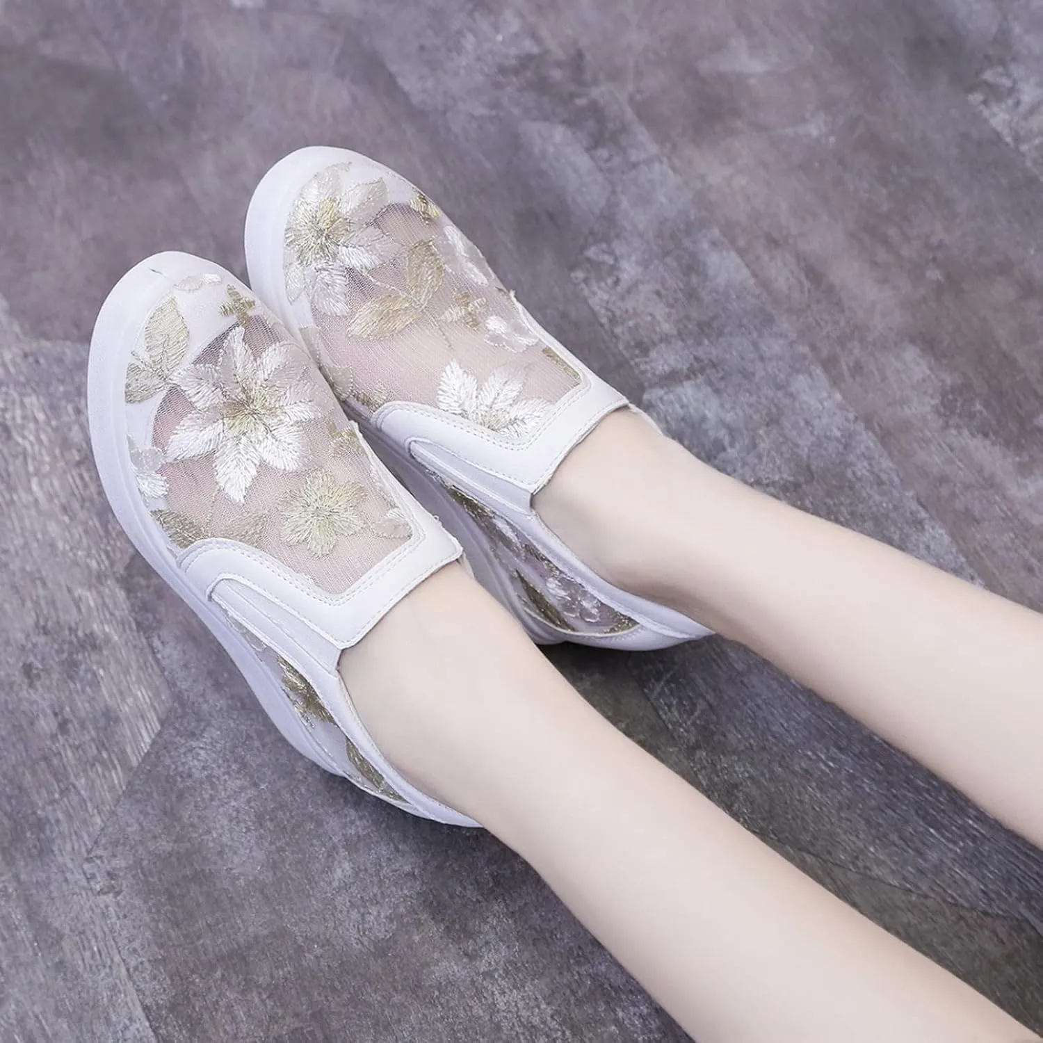 Hbeylia Platform Wedge Fashion Sneakers Loafers for Women Floral Embroidery Mesh Air Lace Chunky Sole Hidden High Heels Slip On Walking Work Shoes Arch Support Low Top Play Sneakers Loafers