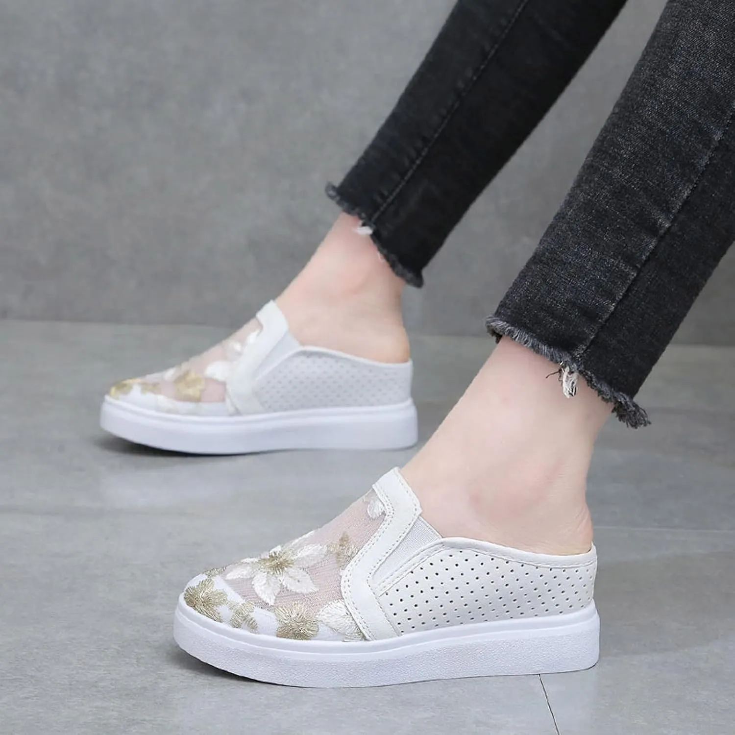 Hbeylia Platform Wedge Fashion Sneakers Mules for Women Floral Embroidery Mesh Air Lace Chunky Sole Hidden High Heels Backess Slip On Walking Work Shoes Arch Support Low Top Play Sneakers Loafers