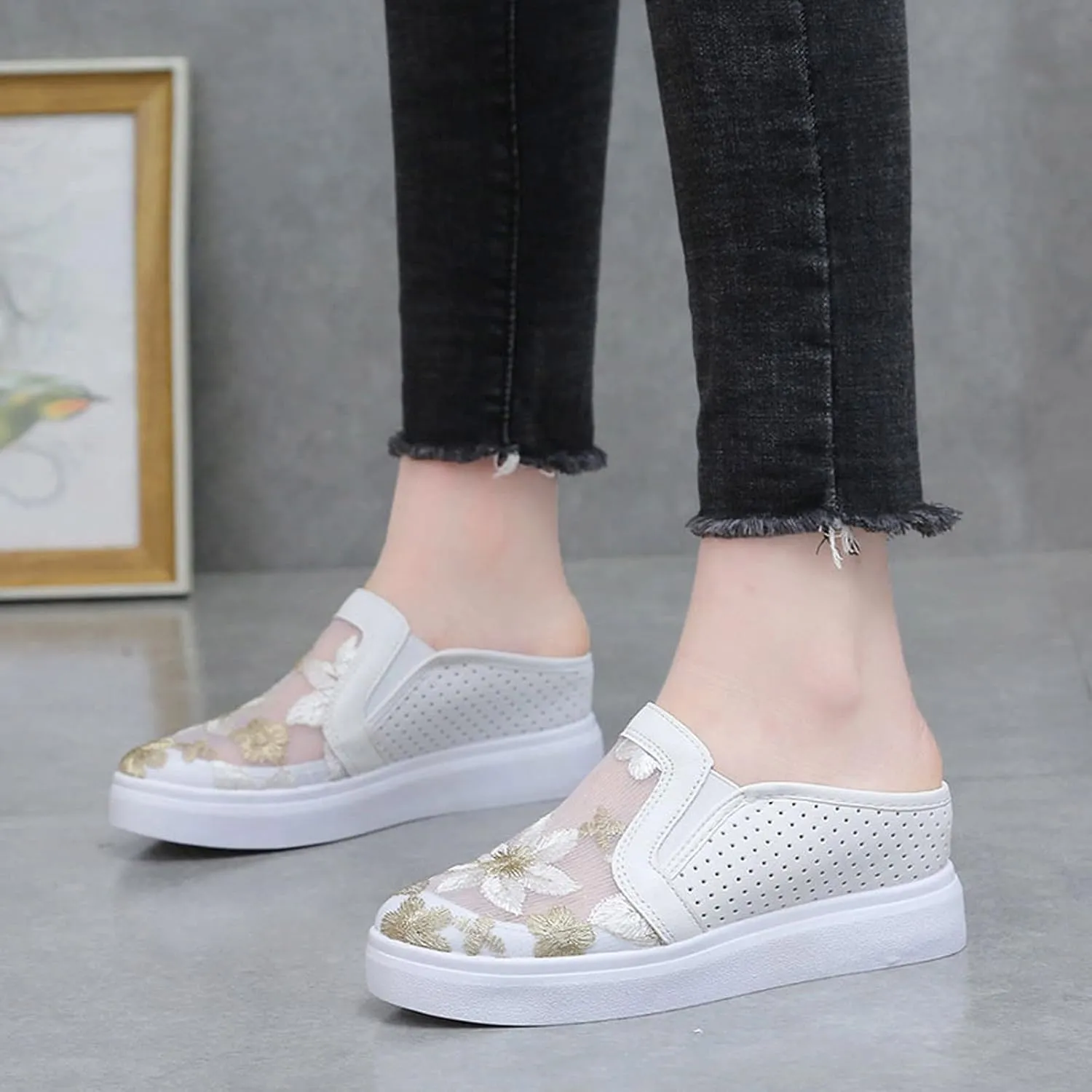 Hbeylia Platform Wedge Fashion Sneakers Mules for Women Floral Embroidery Mesh Air Lace Chunky Sole Hidden High Heels Backess Slip On Walking Work Shoes Arch Support Low Top Play Sneakers Loafers