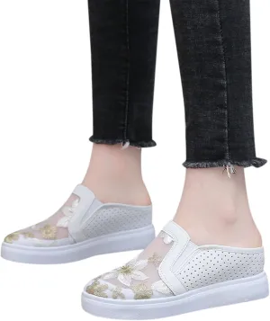 Hbeylia Platform Wedge Fashion Sneakers Mules for Women Floral Embroidery Mesh Air Lace Chunky Sole Hidden High Heels Backess Slip On Walking Work Shoes Arch Support Low Top Play Sneakers Loafers