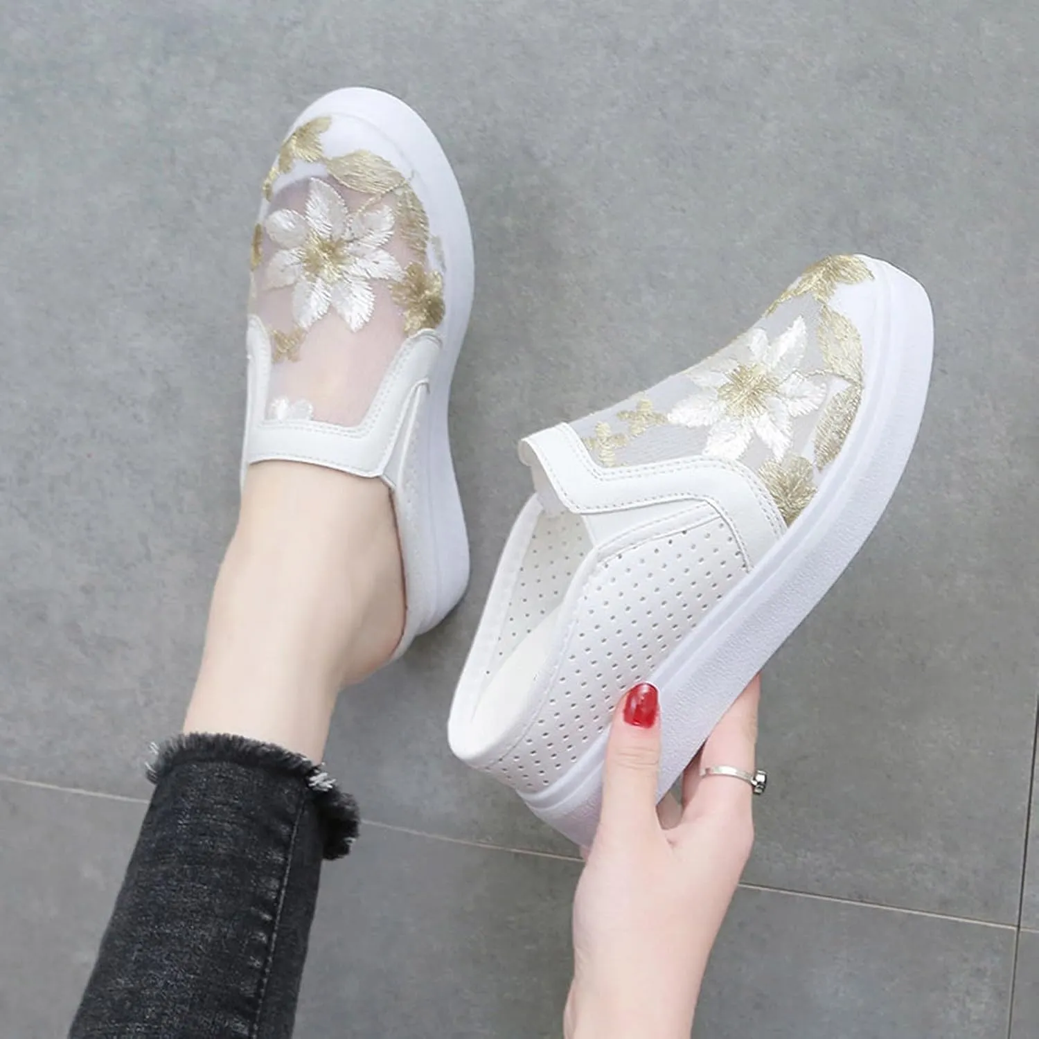 Hbeylia Platform Wedge Fashion Sneakers Mules for Women Floral Embroidery Mesh Air Lace Chunky Sole Hidden High Heels Backess Slip On Walking Work Shoes Arch Support Low Top Play Sneakers Loafers