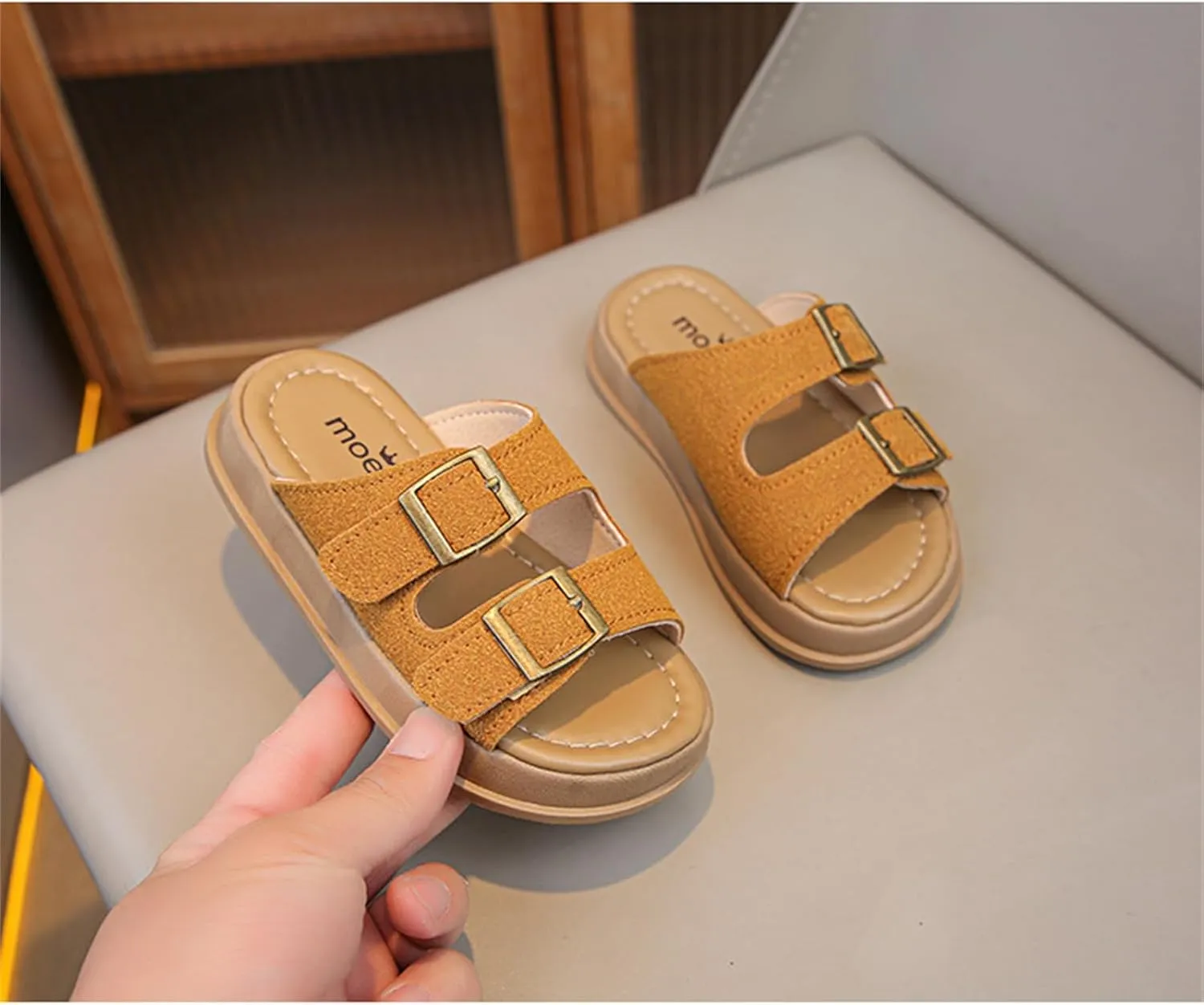 He&Yingmin Unisex-Child Slides Double Buckle Adjustable Flat Sandals Slippers for Boys Girls