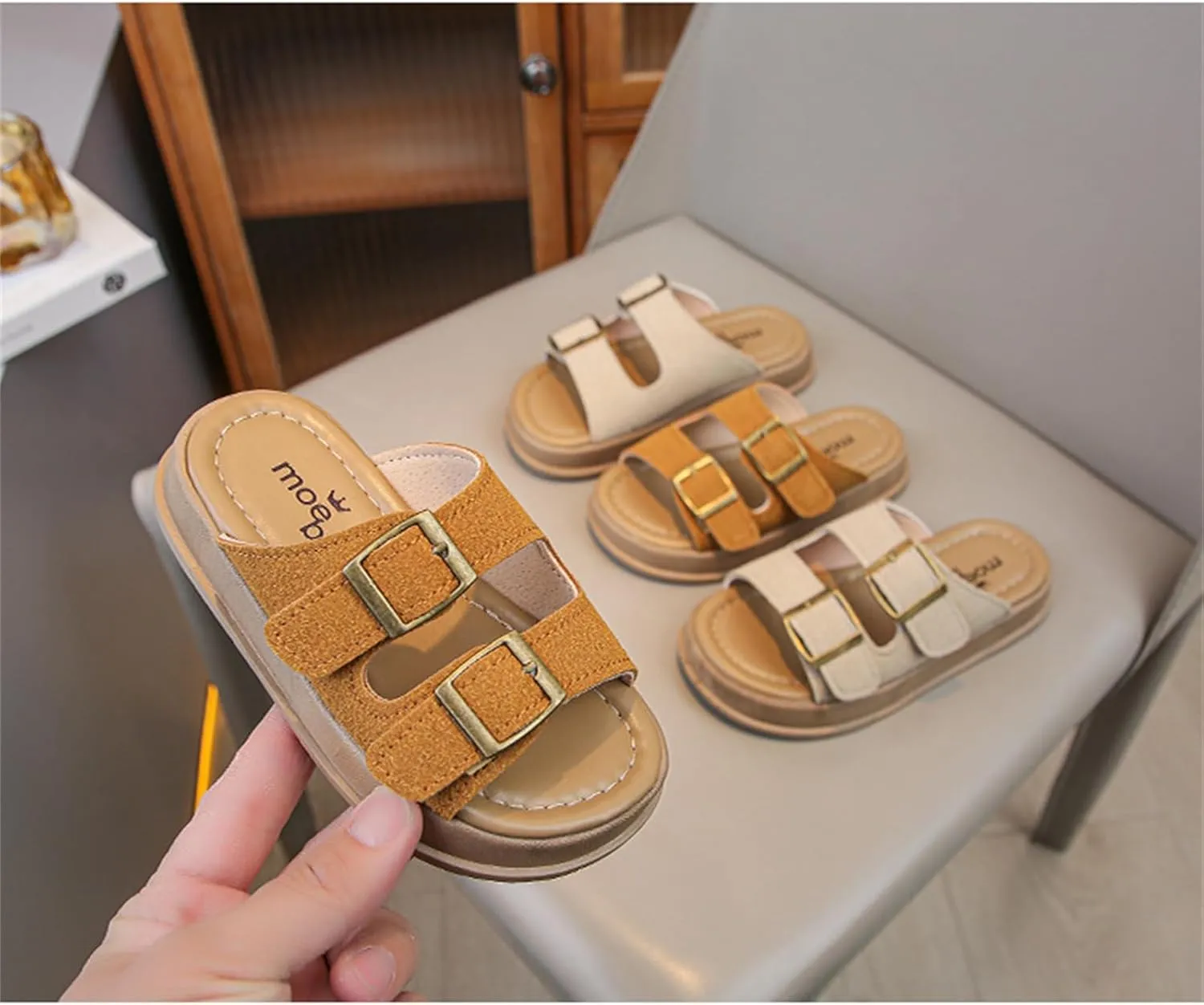 He&Yingmin Unisex-Child Slides Double Buckle Adjustable Flat Sandals Slippers for Boys Girls