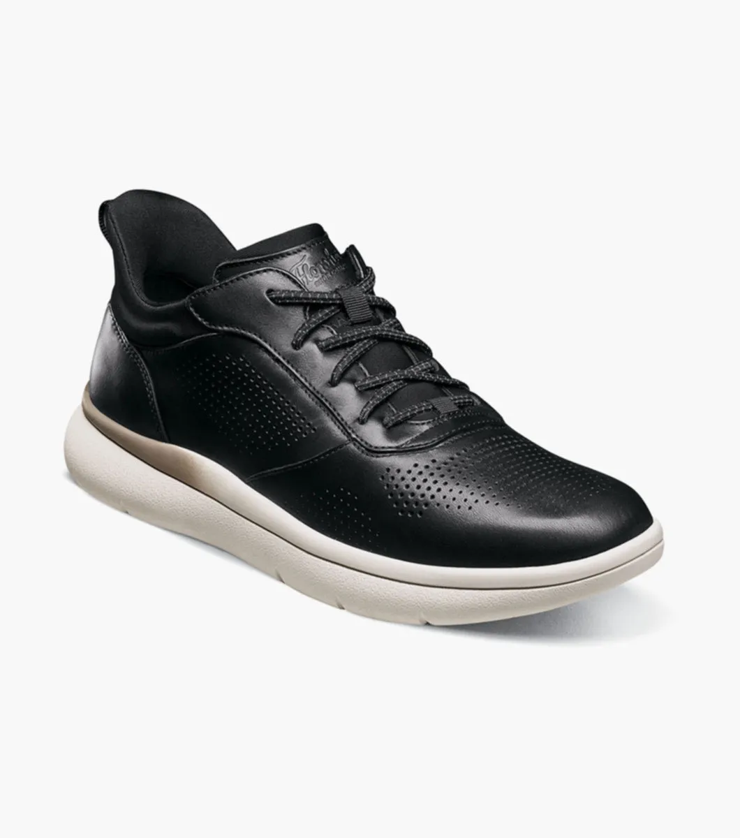Fleet Perf Toe Elastic Lace Sneaker-Black | Florsheim gym - specific functions Vegan Leather Option