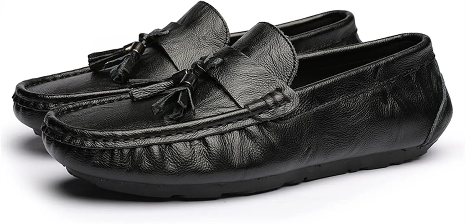 HOOENG Driving Moccasins for Men Genuine Leather Tassel Stitching Details Round Toe Flexible Flat Heel Lightweight Resistant Outdoor Slip On