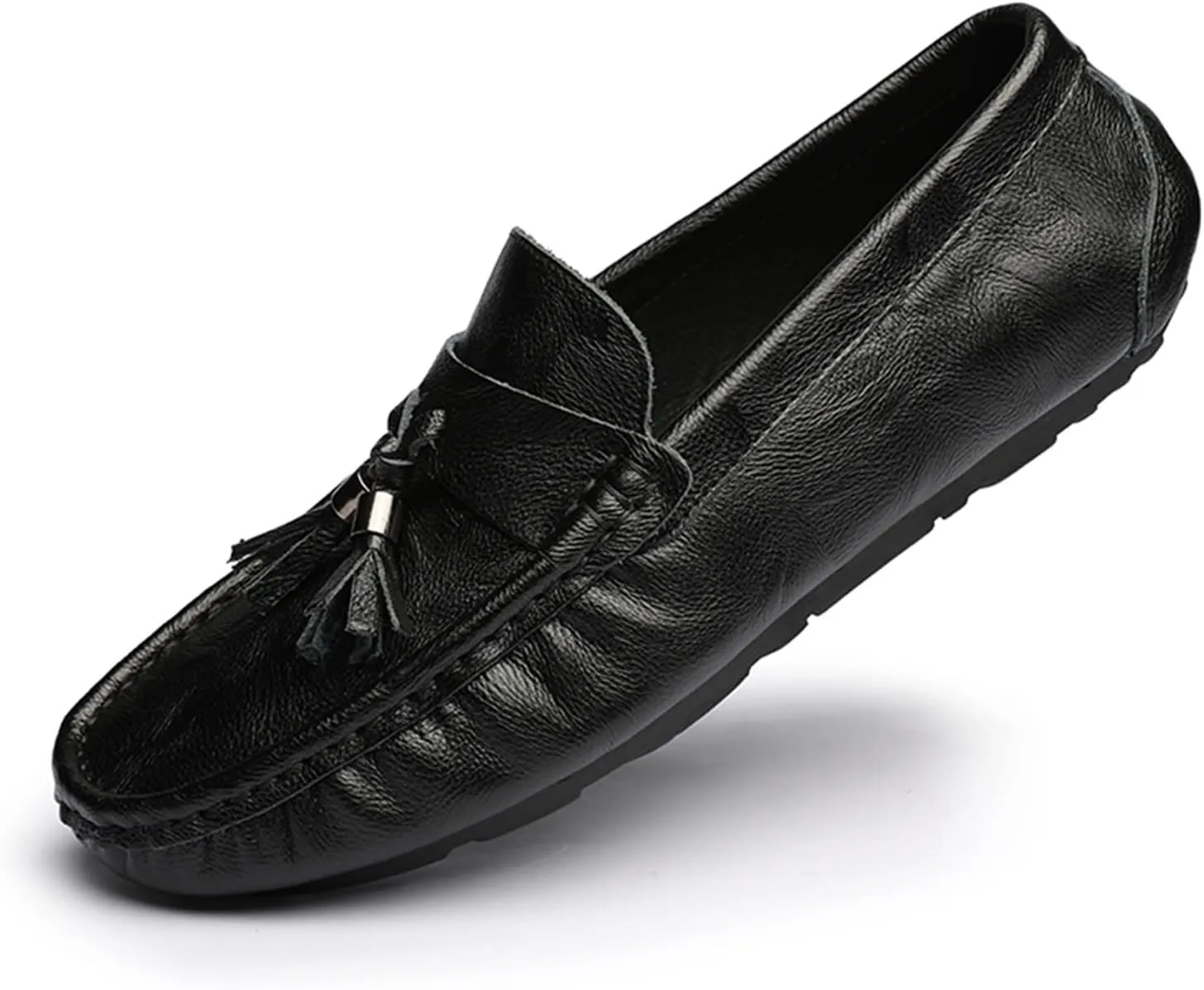HOOENG Driving Moccasins for Men Genuine Leather Tassel Stitching Details Round Toe Flexible Flat Heel Lightweight Resistant Outdoor Slip On