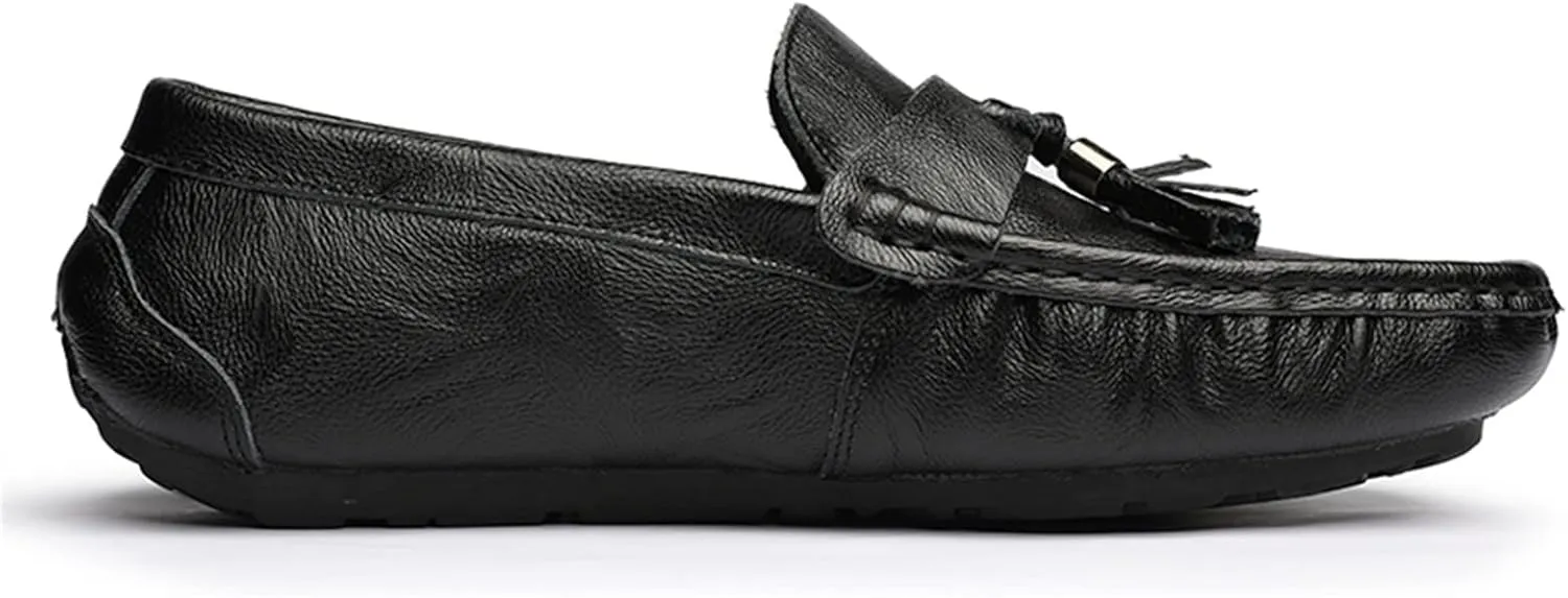 HOOENG Driving Moccasins for Men Genuine Leather Tassel Stitching Details Round Toe Flexible Flat Heel Lightweight Resistant Outdoor Slip On