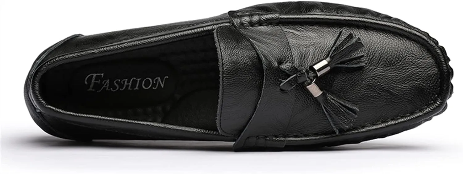 HOOENG Driving Moccasins for Men Genuine Leather Tassel Stitching Details Round Toe Flexible Flat Heel Lightweight Resistant Outdoor Slip On
