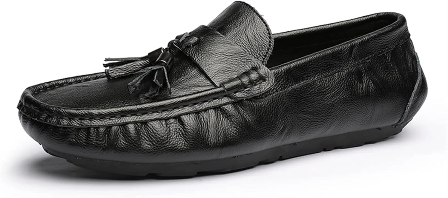 HOOENG Driving Moccasins for Men Genuine Leather Tassel Stitching Details Round Toe Flexible Flat Heel Lightweight Resistant Outdoor Slip On