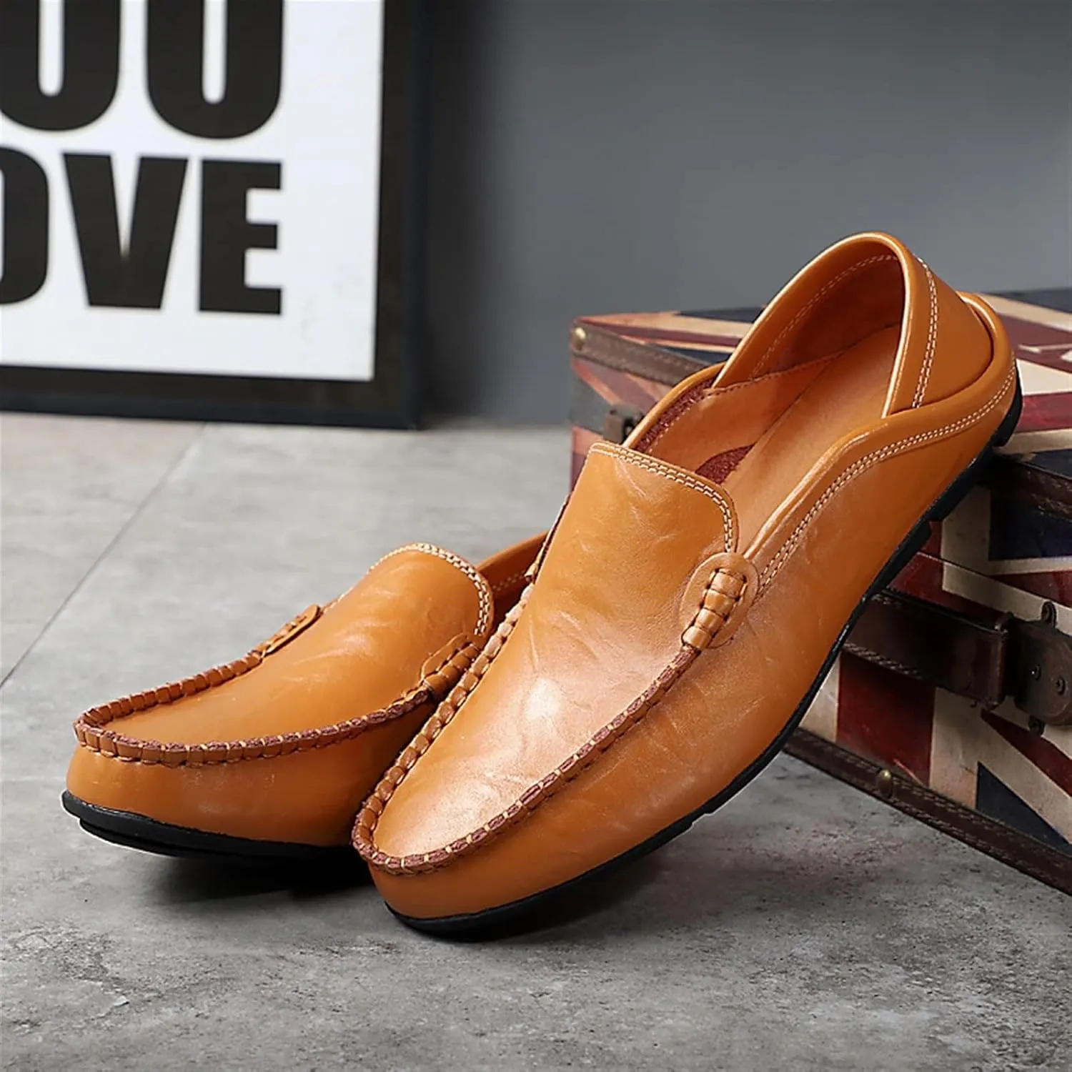 HOOENG Loafer Shoes Driving Moccasins for Men Breathable Lightweight Driving Loafers Leather Resistant Lightweight Anti-Slip Flat Heel Flexible Driving
