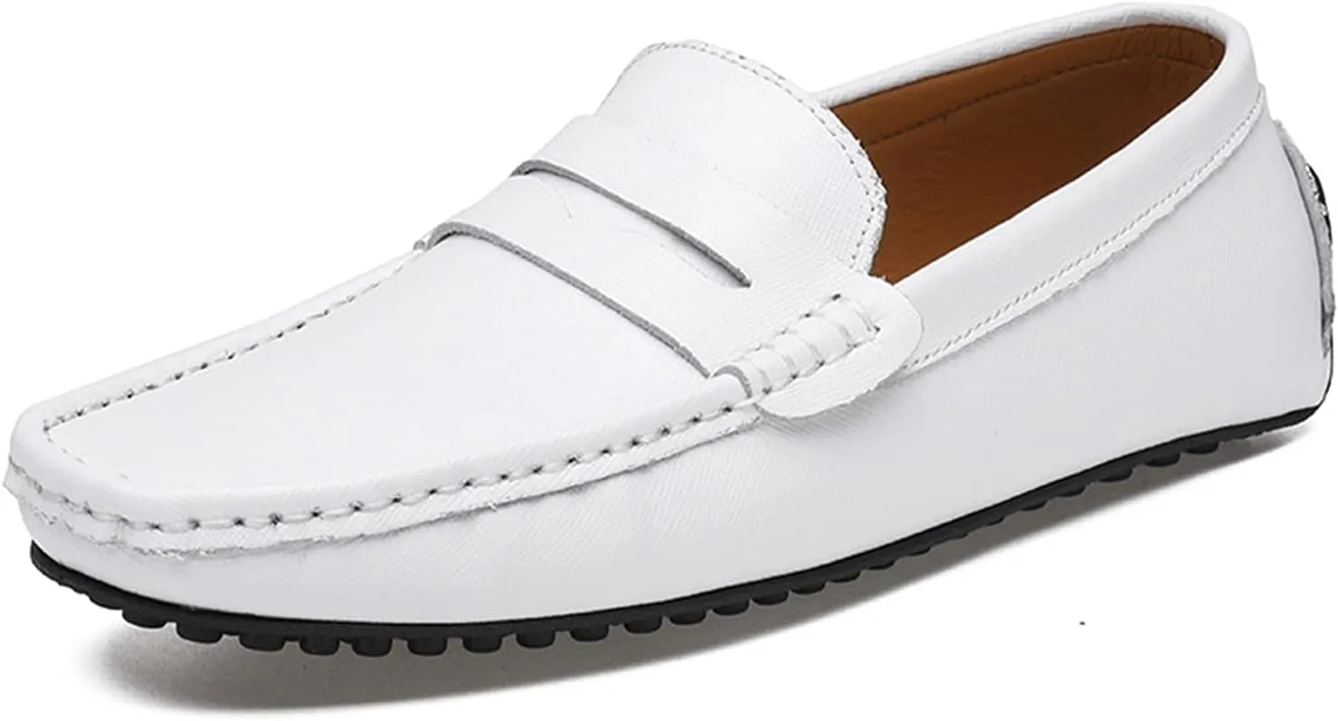 HOOENG Smoking Loafer for Men Genuine Leather Stitching Details Penny Loafer Flexible Resistant Soft Driving Slip on (Color : White, Size : 7.5 M US)