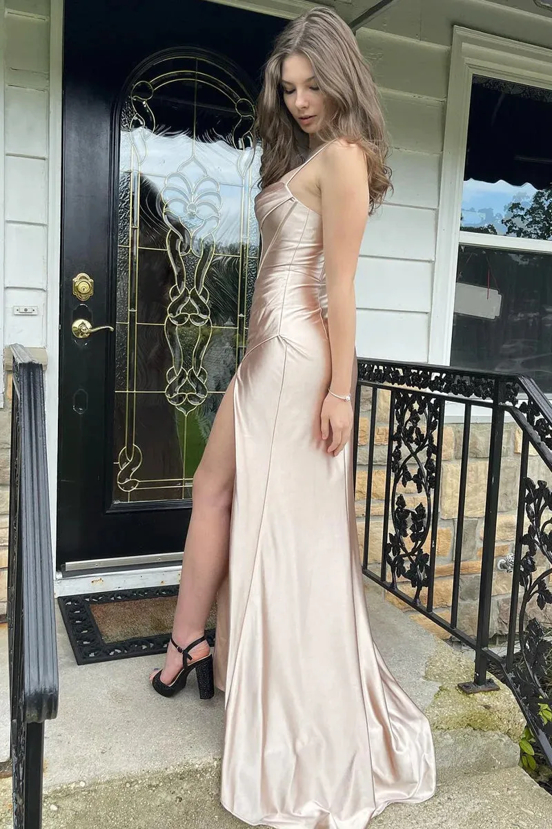 Hot Pink Mermaid Spaghetti Straps Satin Prom Dress with Slit PSK453