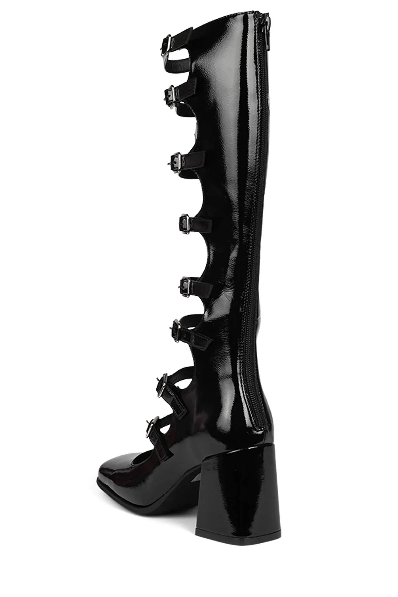 Jeffrey Campbell Monsieur Black Crinkle Patent Fashion Open Knee Gladiator Boots
