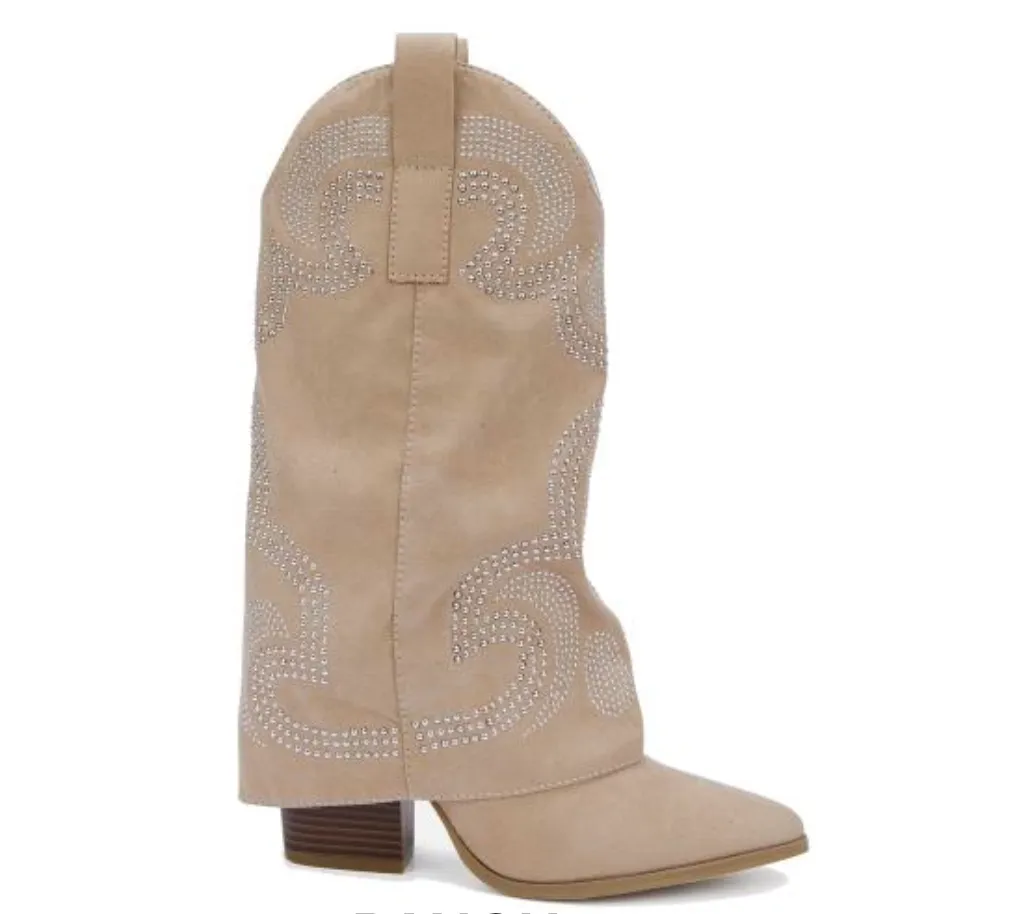 JOLENE CREAM FAUX SUEDE EMBELLISHED COWBOY ANKLE BOOTS