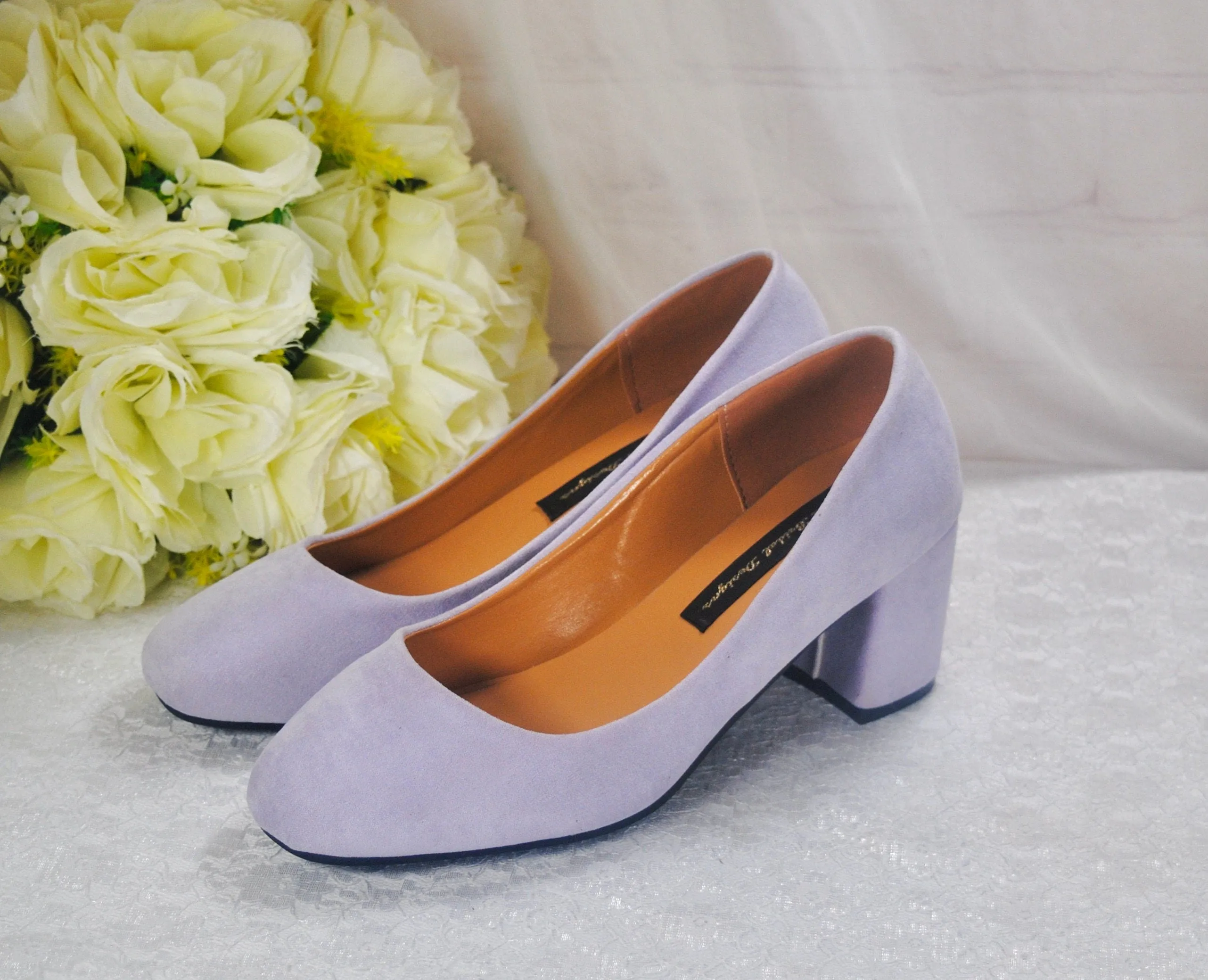 Lilac Purple Suede Block Heel Shoes, Size UK4/US6.5