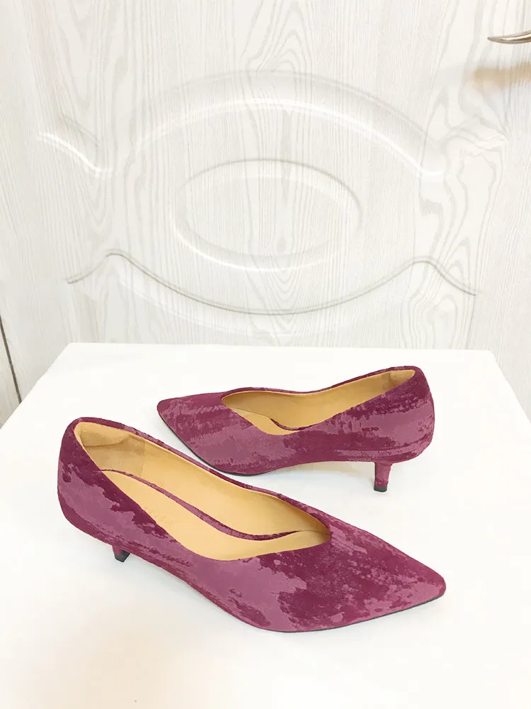 LUXE SEVEN DESIGN KITTEN HEEL COURT SHOES IN RUST VELVET