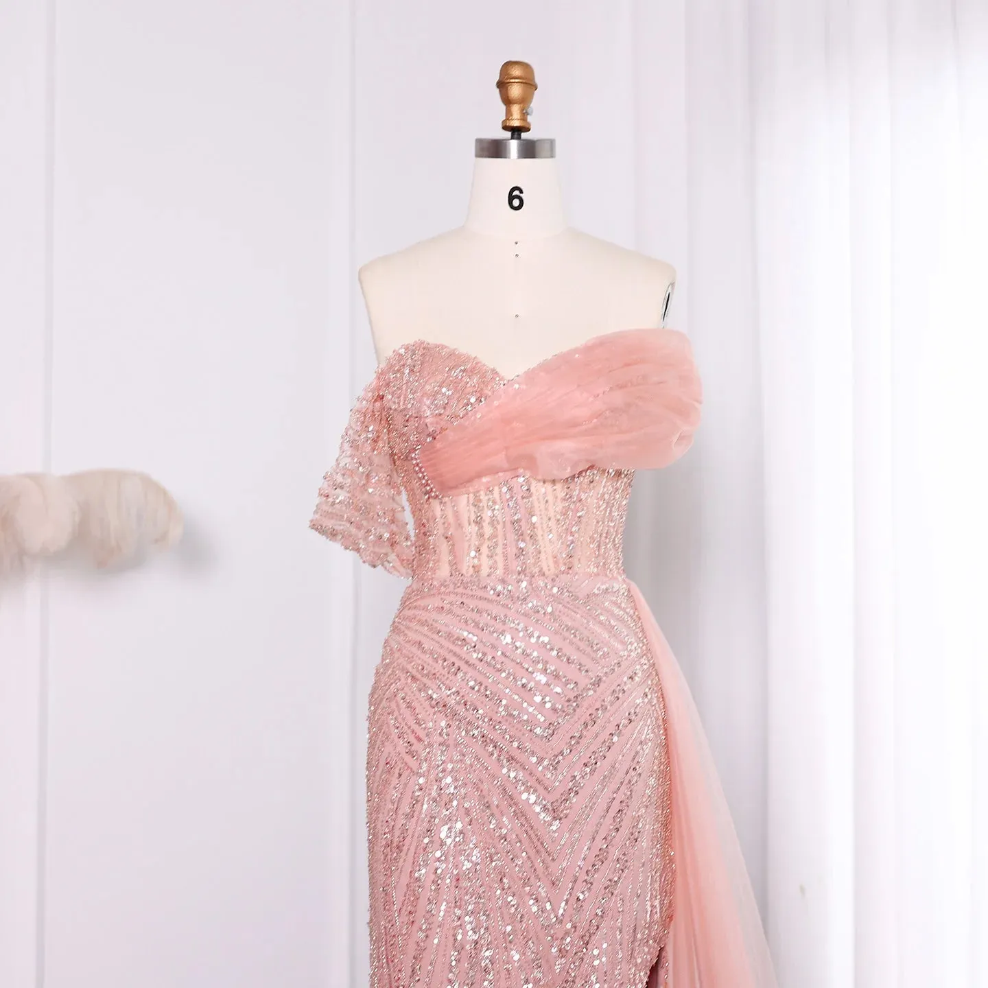 Luxury Blush Pink Off Shoulder Elegant Evening Dress