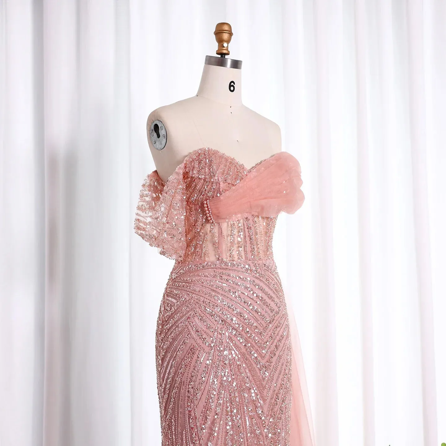 Luxury Blush Pink Off Shoulder Elegant Evening Dress