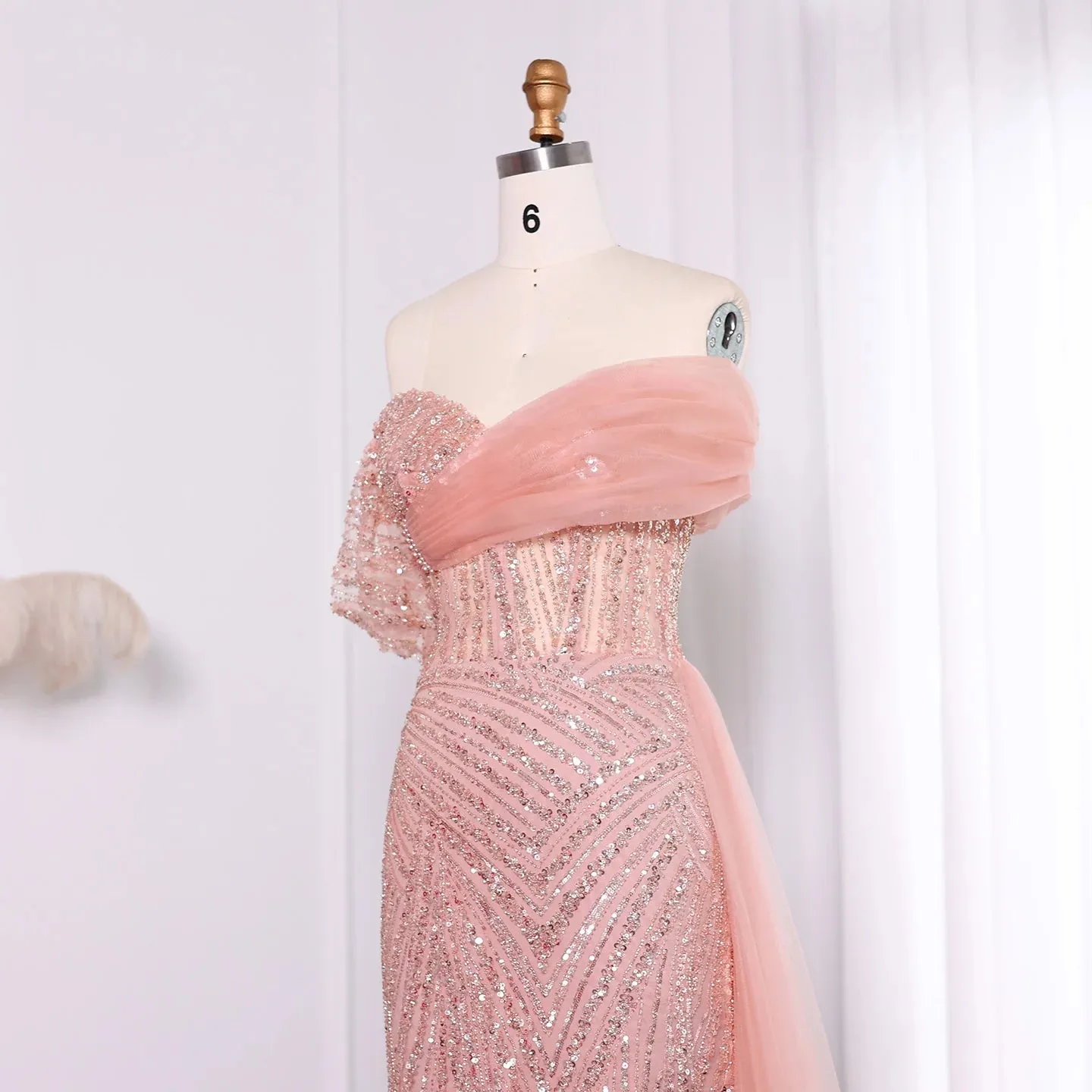 Luxury Blush Pink Off Shoulder Elegant Evening Dress