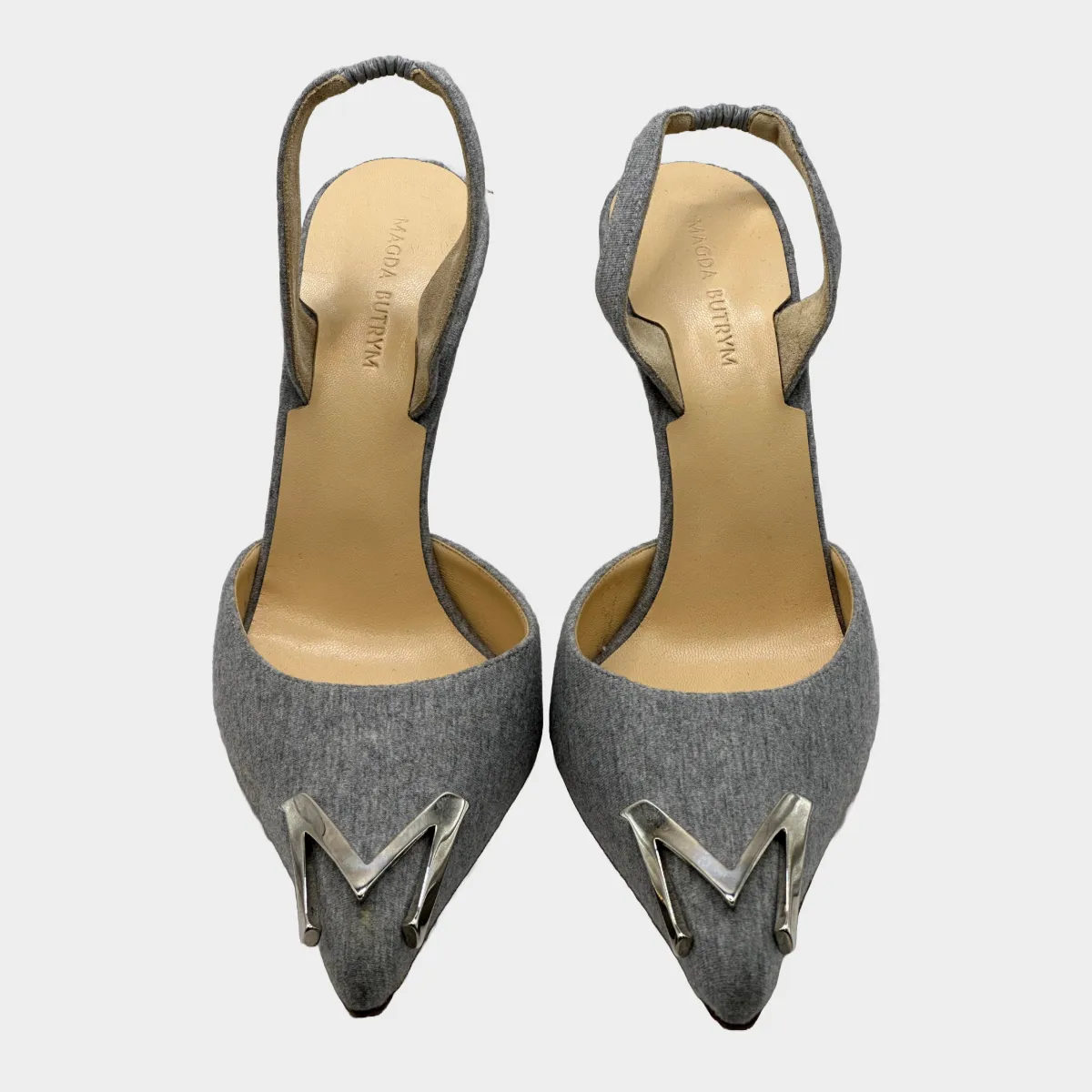 Magda Butrym grey cotton kitten heels with silver tone logo detail at the toes