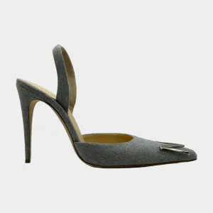 Magda Butrym grey cotton kitten heels with silver tone logo detail at the toes