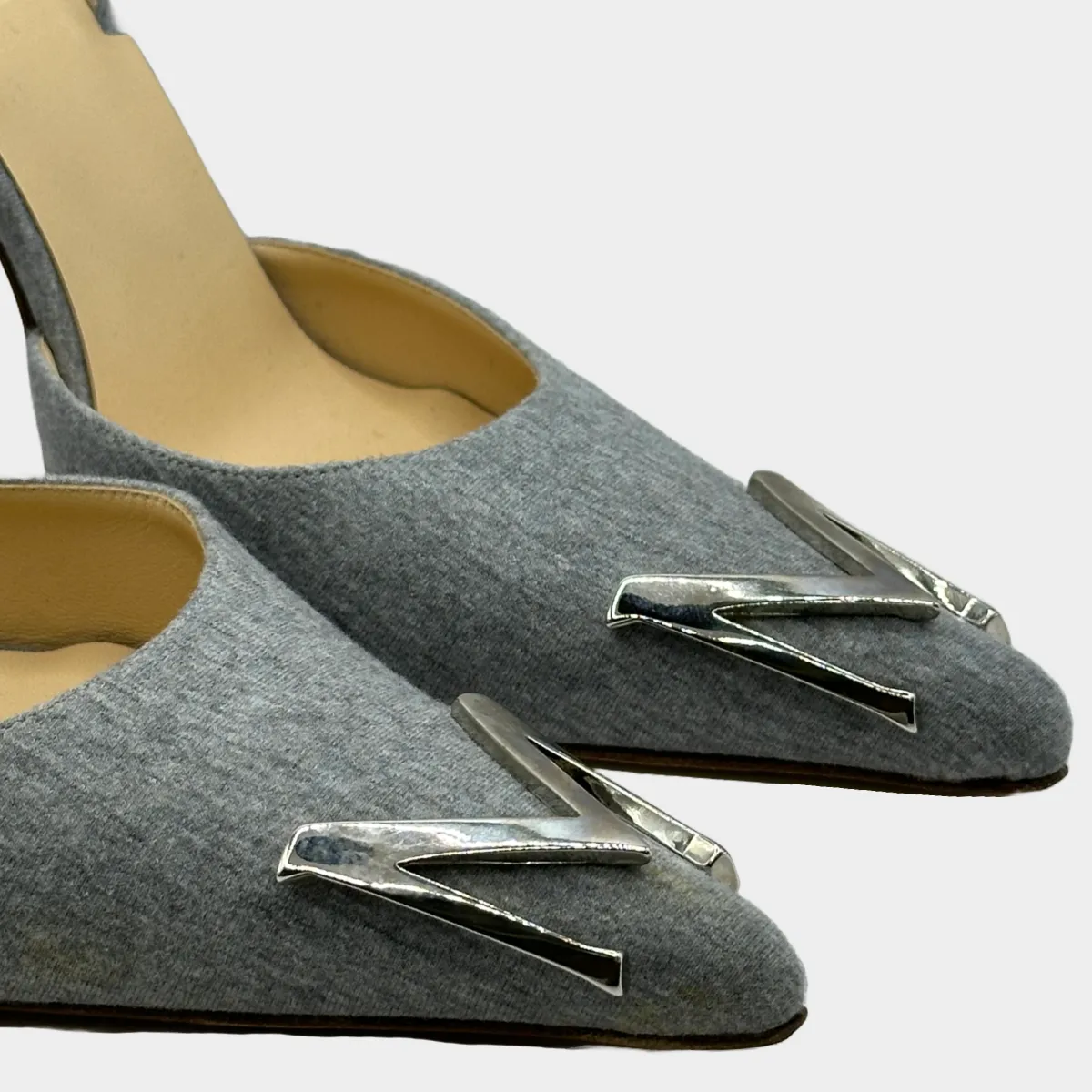 Magda Butrym grey cotton kitten heels with silver tone logo detail at the toes