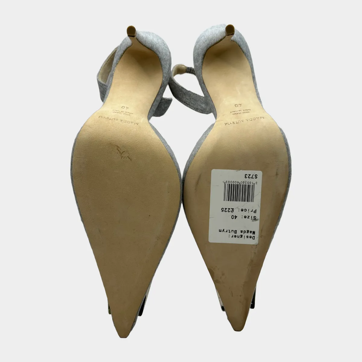 Magda Butrym grey cotton kitten heels with silver tone logo detail at the toes