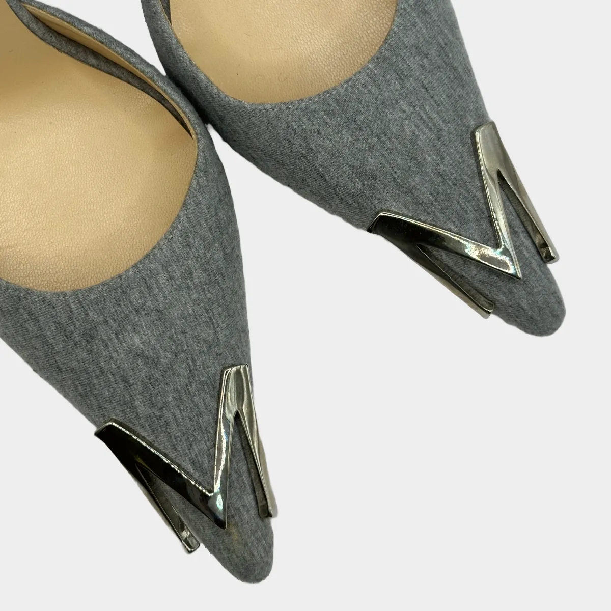 Magda Butrym grey cotton kitten heels with silver tone logo detail at the toes