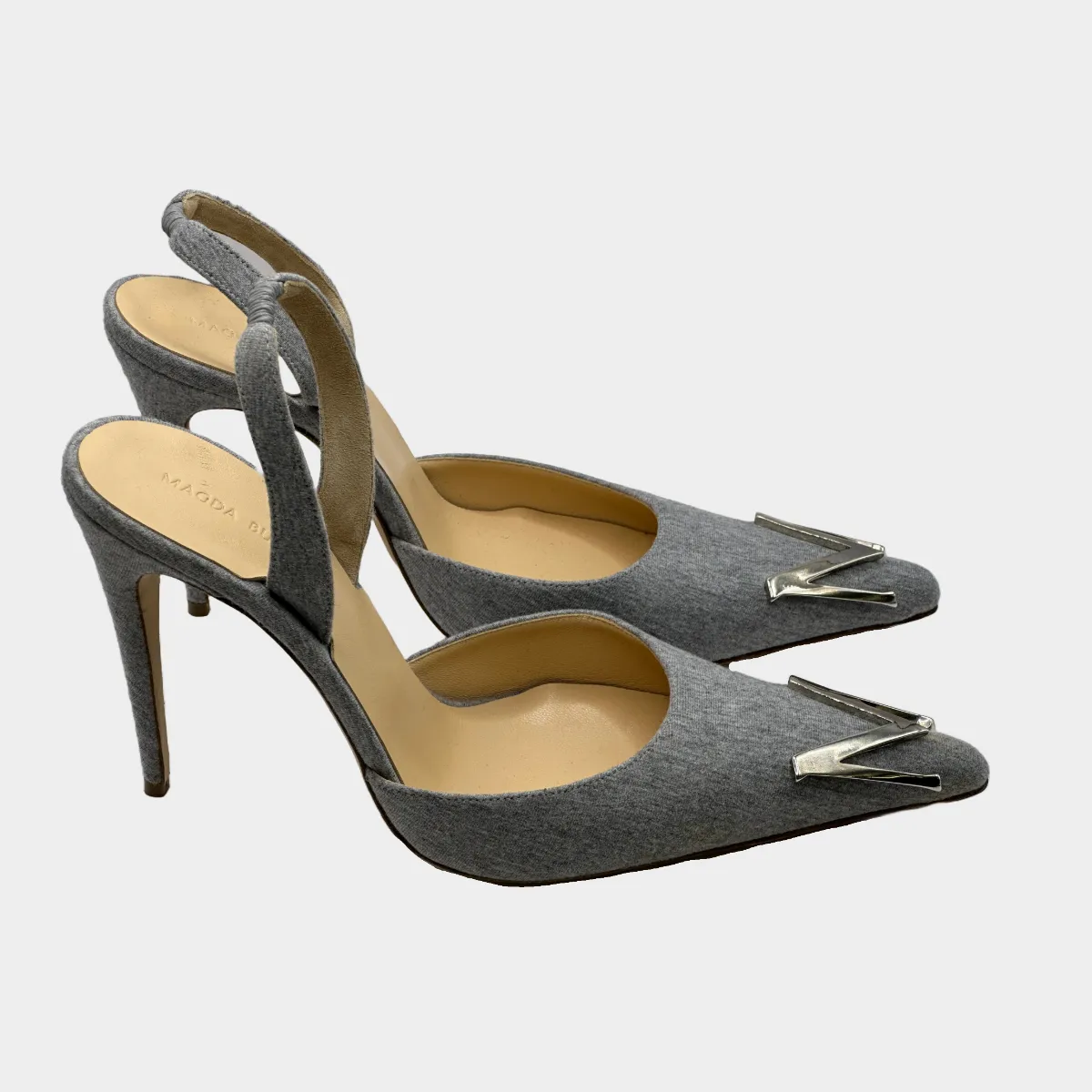 Magda Butrym grey cotton kitten heels with silver tone logo detail at the toes